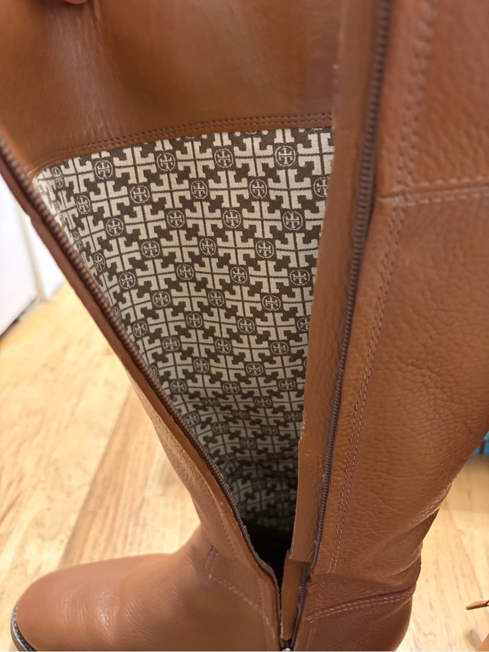 Tory Burch Chestnut Brown Leather Knee-High Boots with Gold Logo - Picture 3 of 15